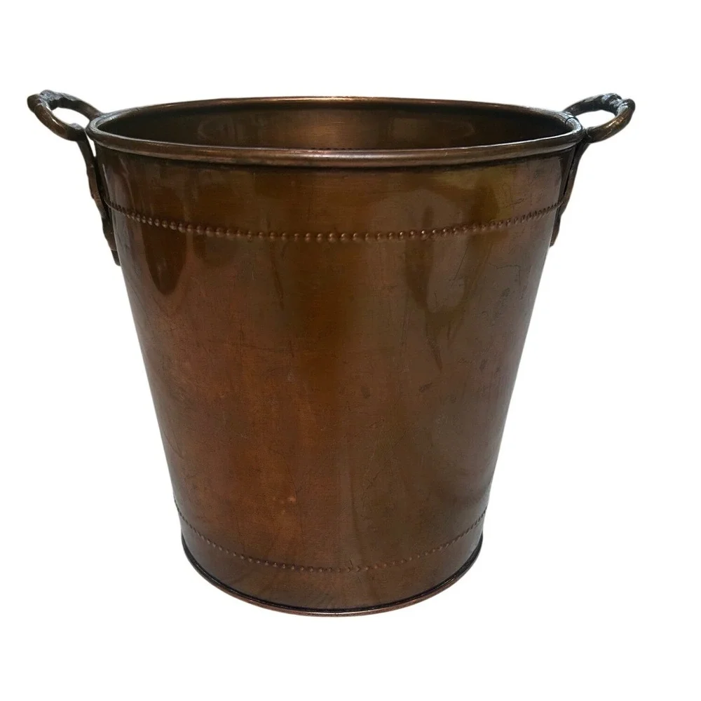 Vintage Solid Copper Bucket Wine Chiller Planter Beaded Trim Shell Handles 9